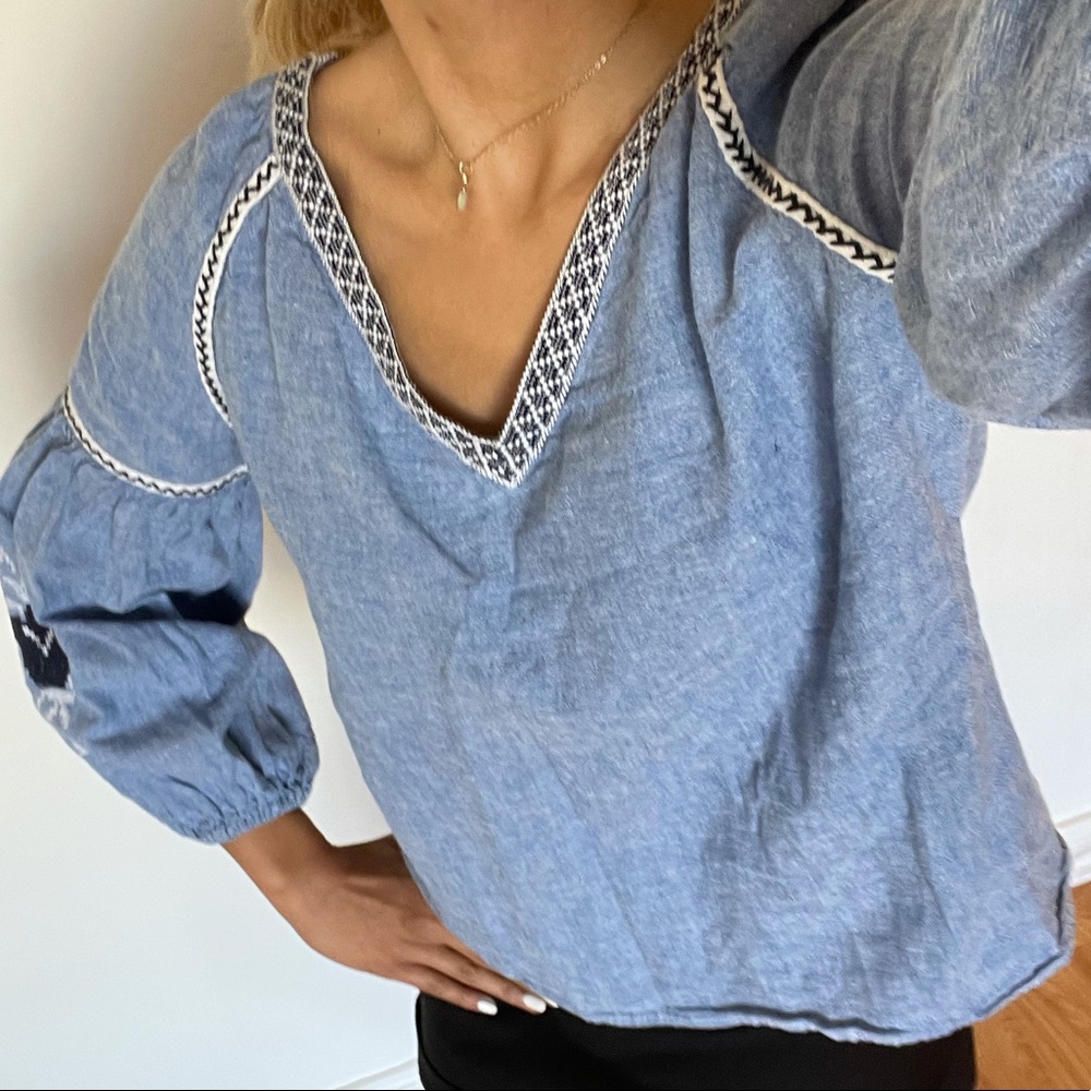 Long Sleeve Linen Light Blue Peasant Top